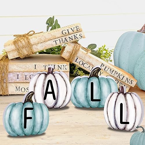 Fall Pumpkin Wooden Sign Set - Blue & White Harvest Decor for Thanksgiving & Autumn Home