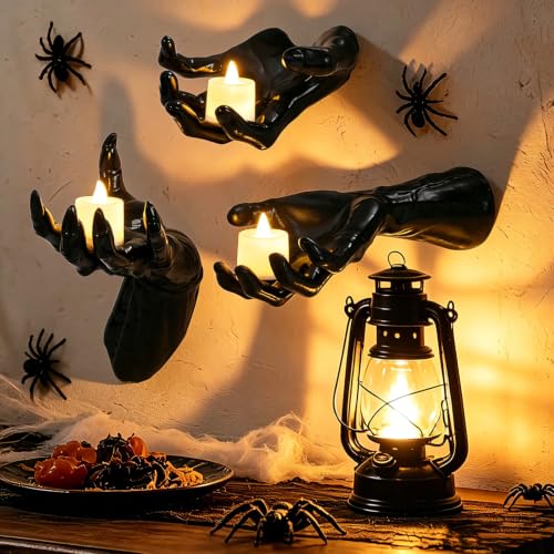 Gothic Halloween Wall Decor Set of 3 with Creepy Skeleton Hands & LED Candles