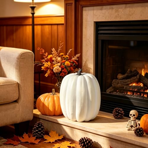 Large 19-Inch Oblong White Artificial Foam Pumpkin - Fall Decor