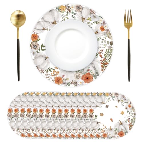 Fall Paper Placemats with White Pumpkin Design - 50 Pack, 13.4 Inch