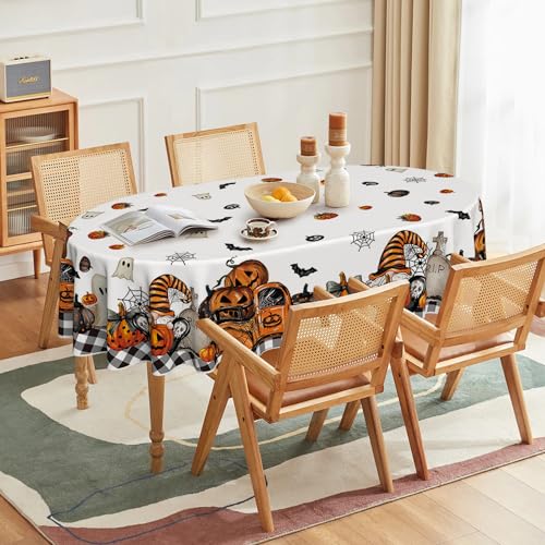Halloween Tablecloth 60 x 84 Inch Oval Ghost Pumpkin Orange - Durable Polyester