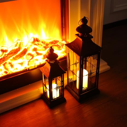 Outdoor & Indoor LED Lanterns with Flameless Candles - 23'' & 15'' Black Metal Decor, Timer Function