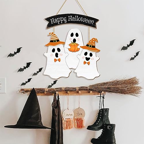 Halloween Ghost Door Sign Set - Three Wooden Ghosts Halloween Decorations for Front Door Wreath Indoor Outdoor - 14.5x12.6in