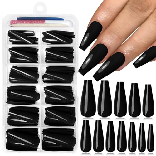 Long Black Coffin Press-On Nails with Glue & Tools – 120PCS Manicure Set