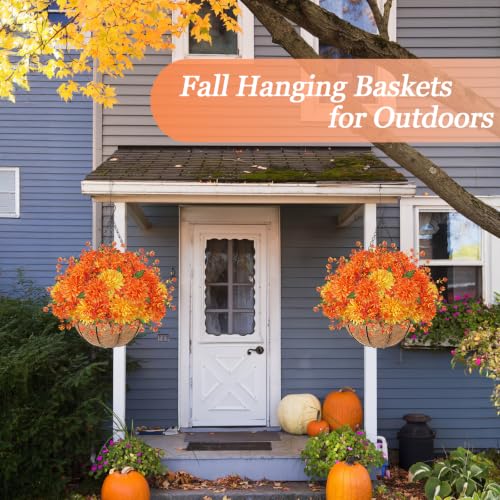Orange Fall Hanging Basket with Artificial Mums for Outdoor Porch Decor