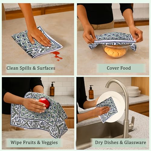 Ridhi Basil Green Hand Block Print Cotton Kitchen Towels Set - 16x28 Inch, Pack of 3