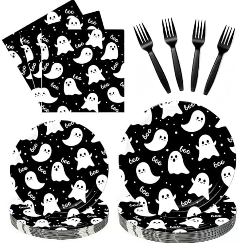 Halloween Paper Tableware Set with Ghost Design, 100 Pcs - Serves 25 - Halloween