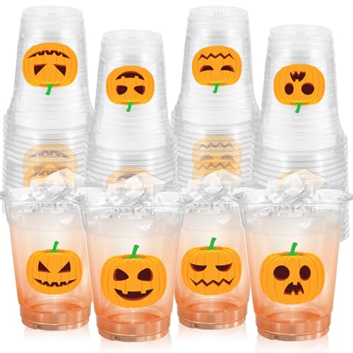 Halloween Plastic Cups 12oz Pumpkin Pattern 50-Pack - Clear Orange Party Supplies