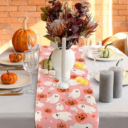 Pink Halloween Table Runner with Ghost and Pumpkin Pattern - 13 x 72 Inch