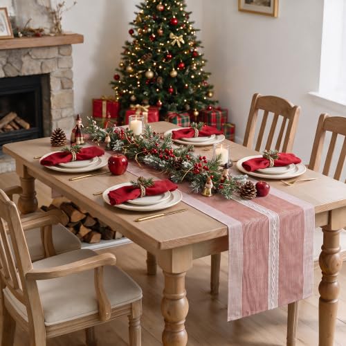Red Braided Striped Rustic Chenille Table Runner 13x36 Inch Christmas Decor
