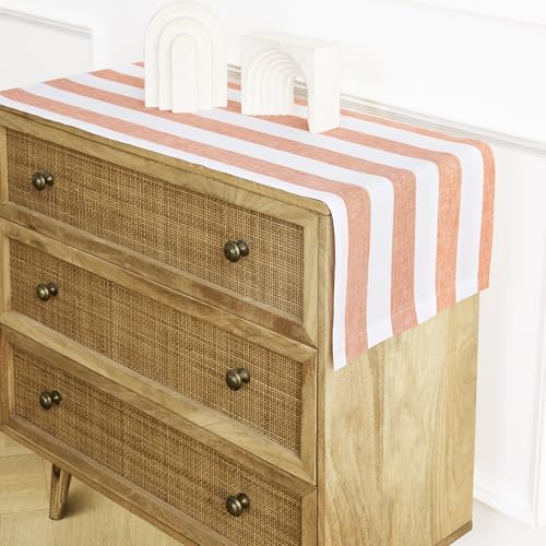 Pure Linen Table Runner 14x60 Inches - Orange & White Cabana Stripe - Handcrafted, Machine Washable