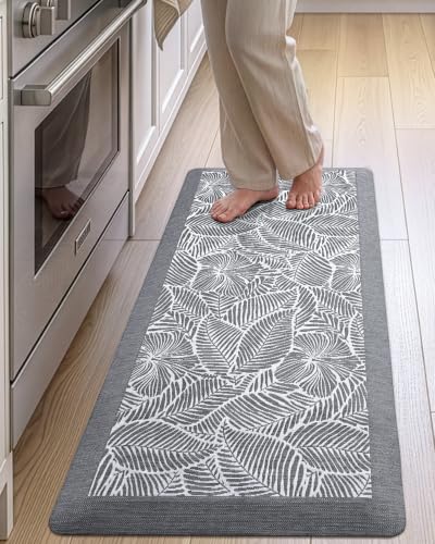 LUMI Anti-Fatigue Kitchen Floor Mat - Leaf Grey, 40 x 20 Inches, Extra Thick Cushioned