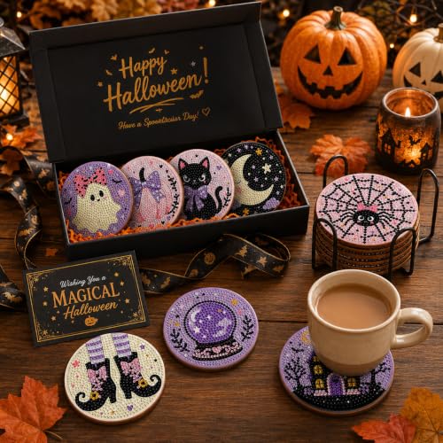 Halloween Diamond Art Coasters Set - Ghost Pumpkin Moon Black Cat Spider Web with Holder - Halloween-3