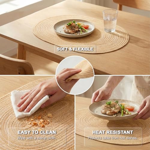 Oval Braided Woven Placemats Set of 4 - Beige Brown Dining Table Mats