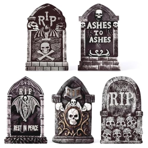 25.6 Inch Halloween Tombstones Outdoor Graveyard Decorations 5-Pack - Weatherproof Plastic, Spooky Cemetery Props, Stable Stakes
