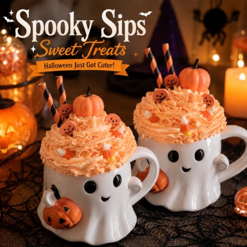 Halloween Ghost Mug Set - 2 Pcs 12oz Ceramic Coffee Cups for Halloween - Ghost Pumpkin Variation