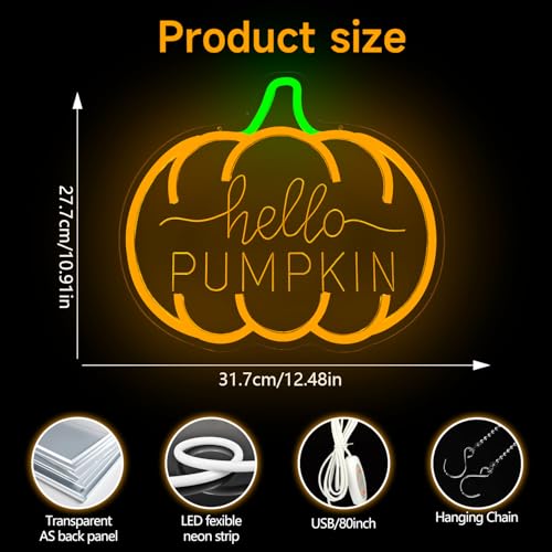 Hello Pumpkin Neon Sign for Wall Decor Fall LED Light Up Sign Dimmable Autumn Halloween Thanksgiving