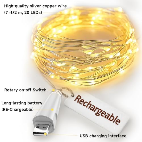 Fairy Lights USB Rechargeable Battery Operated 7ft 20 LED String Lights - Warm, 8 Pack Indoor & Outdoor Decor