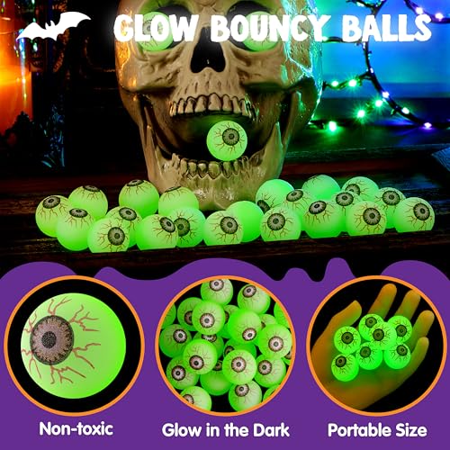Glow in the Dark Halloween Bouncy Eyeballs - 24 Pack for Party Favors & Decorations