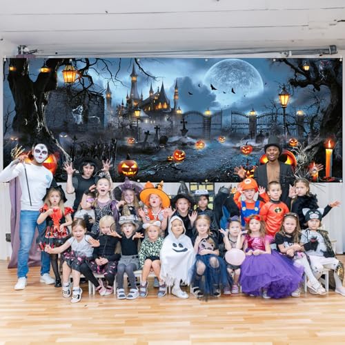Grey Halloween Garage Door Cover 6x16Ft Haunted House Pumpkin Design - Indoor Outdoor Decor