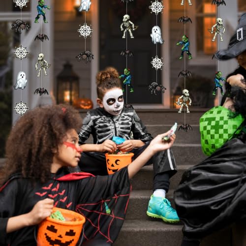 Pixel Monster Garland Halloween Party Decorations - Retro Arcade Zombie Ghost Skeleton Bat Streamers - 6 Pieces