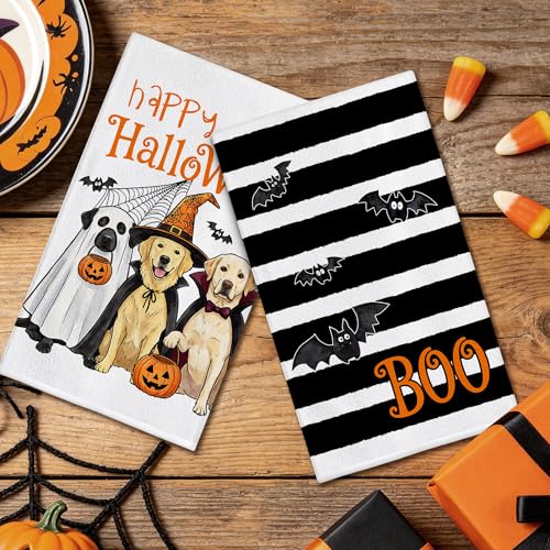 Hexagram Halloween Kitchen Towels - Black Striped Dog Hand Towels - Spooky Decor