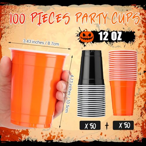 Halloween Plastic Drinking Cups 12oz Pack of 100 - Orange & Black Party Cups