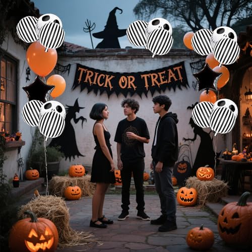 Halloween Skeleton & Black & White Striped Foil Balloons Set - 12 pcs Party Decor