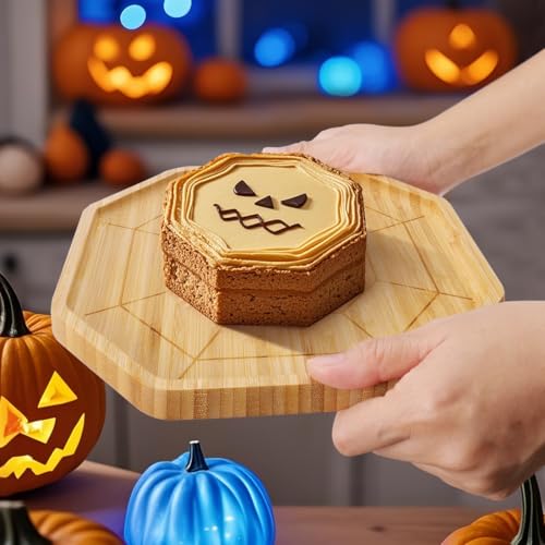 Octagon Bamboo Serving Tray with Spider Web Design - Halloween Snack Platter, 10x9 inches