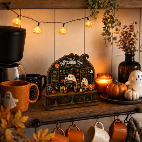 Halloween Ghost Coffee Bar Decor - Wooden Tabletop Sign for Kitchen & Cafe