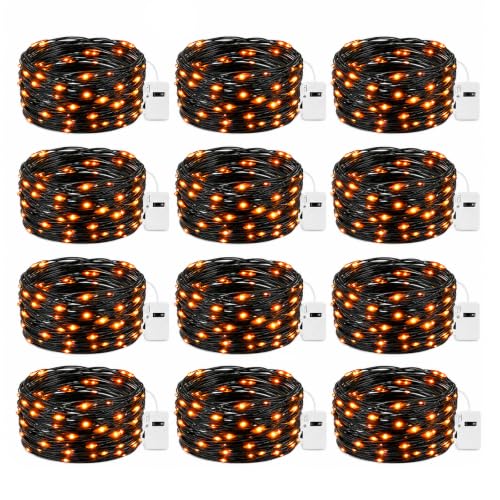 Orange Fairy Lights 12 Pack - 7ft String Lights for Halloween & Fall Decorations - Waterproof, Battery Operated, 3 Modes