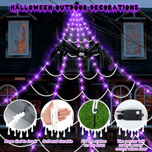 17FT Spider Web Halloween Decoration with Motion-Activated Purple LED Lights