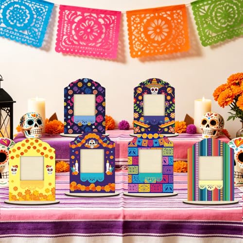 12-Pack Day of the Dead Wooden Photo Frames for Dia De Los Muertos Decorations - Mexican Fiesta Altar Sign Set