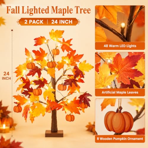 Fall Lighted Maple Tree Set - 2 Pack 24 Inch Autumn Decor with Pumpkins, Indoor Outdoor