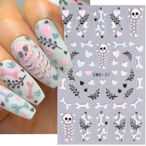Halloween Nail Stickers with Rhinestones - Ghost Variation, Self-Adhesive Skeleton Spider Web 4 Sheets