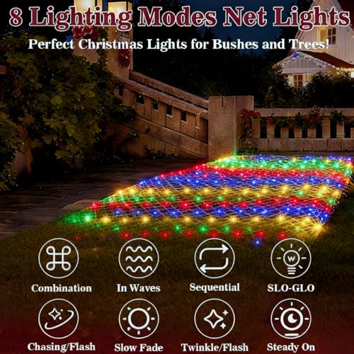 Outdoor Christmas Net Lights 12x5 ft Mesh with 360 Bright LEDs & 8 Modes - Green Wires