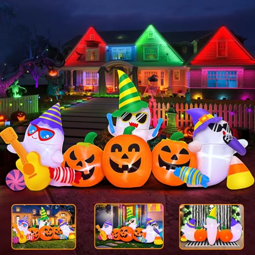 8FT Halloween Inflatable Ghost Pumpkin Band Decoration with LED Lights - Outdoor Yard Halloween Decor, Music Pumpkin Variation