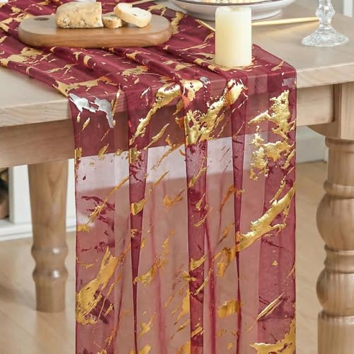 28x120 Inch Burgundy Marble Pattern Gauze Table Runner with Glitter Metallic Foil - Wedding & Party Decor