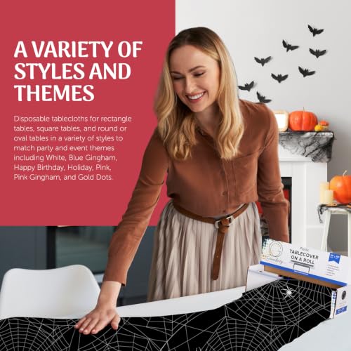 Plastic Table Cover Roll 54in x 100ft - Custom Cut for Tables, Halloween Web Variation