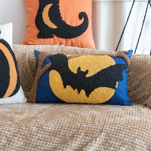 Halloween Bat Moon Tufted Throw Pillow Cover - 20x12 Inch Gothic Decorative Pillow, Pack of 1