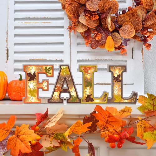 Lighted Fall Table Decor Sign - Rustic Wooden Thanksgiving Centerpiece with 3D LED Maple Leaves - Orange-Grey