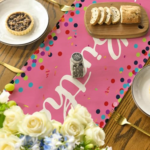Pink Polka Dot Happy Birthday Table Runner 13x72 Inch - Seasonal Kitchen Decor