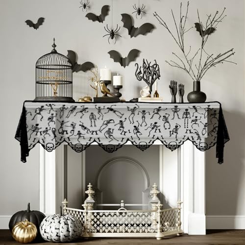 Halloween Skeleton Mantle Scarf - Black Lace Fireplace Cover with Embroidered Skull - 79 x 20 Inch - Skeleton Variation