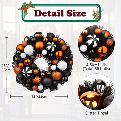 Halloween Ball Wreath 13 Inch Xmas Holiday Door Wall Decor Glitter Ornaments, White Black Orange