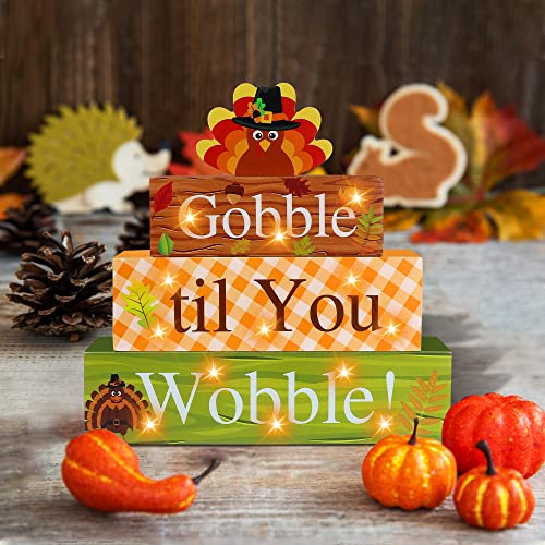 Thanksgiving Wooden Block Sign with LED Lights - Gobble Til You Wobble Turkey Decor - Fall Farmhouse Tabletop Sign - Variation: Thanksgiving 1