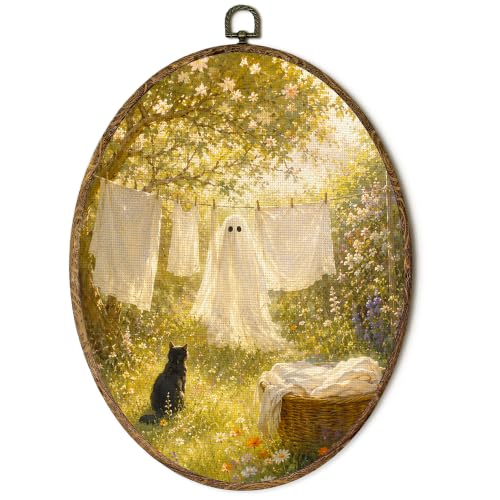 Ghost Wall Art - Oval Canvas Decor with White Ghost Design - 8.5x11.5 Inches