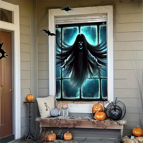 Halloween Floating Ghost Window Cover - 31x47 Inch Polyester, Ghost Girl Variation