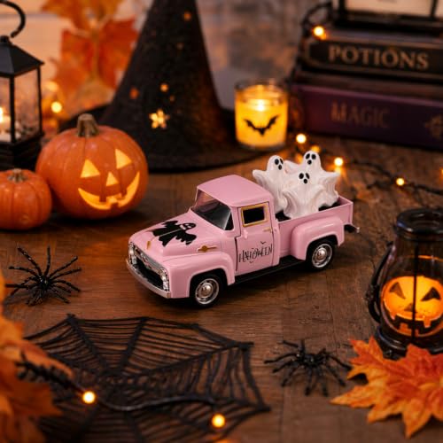 Pink Ghost Truck Halloween Figurine Set with Removable Mini Ghosts - Indoor Decor