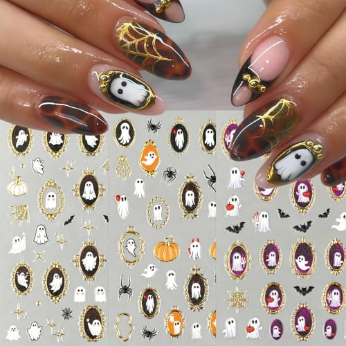 Halloween Nail Art Stickers Decals - 6 Sheets Retro Pumpkin Spider Ghost Bats - Mirror Frame Variation