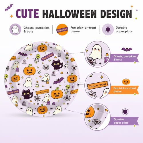 Halloween Paper Plates - 50 Count 7-Inch Dessert Plates - Spooky Cute Halloween Design